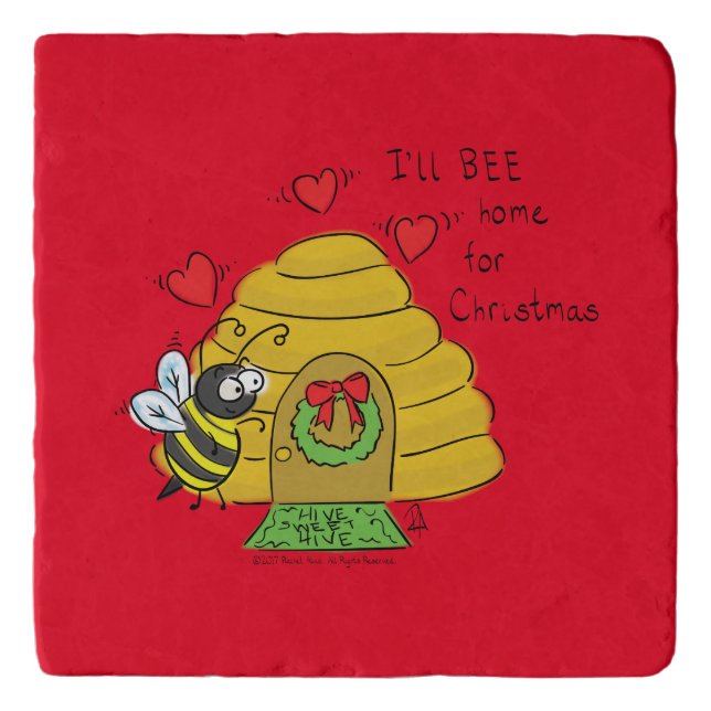 Cute Christmas Bee Funny Holiday Cartoon Trivet (Front)