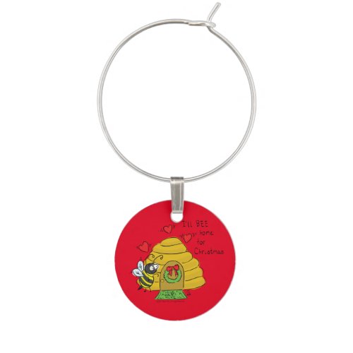 Cute Christmas Bee Funny Holiday Cartoon Wine Charm