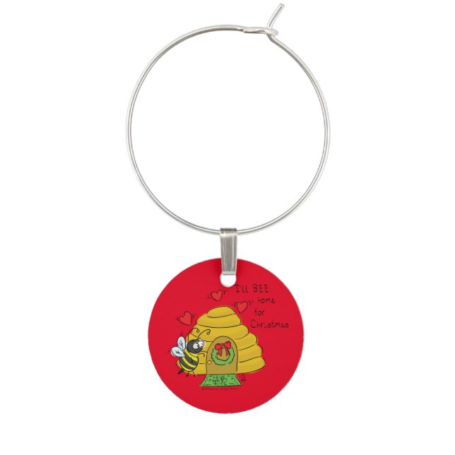 Cute Christmas Bee Funny Holiday Cartoon Wine Charm (Front)