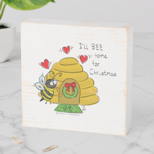 Cute Christmas Bee Funny Holiday Cartoon Wooden Box Sign