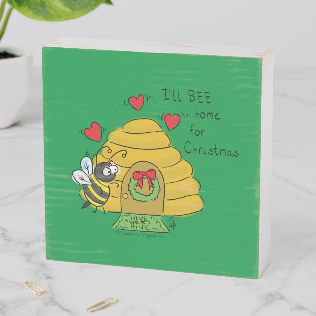Cute Christmas Bee Funny Holiday Cartoon Wooden Box Sign (In Situ Horizontal)
