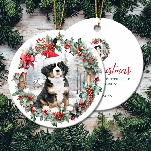 Cute Christmas Bernese mountain do puppy Santa hat Ceramic Ornament (Cute Christmas Bernese mountain do puppy Santa hat Ceramic Ornament)
