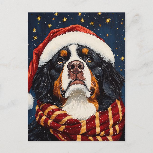 Cute Christmas Bernese Mountain Dog in Santa Hat Postcard (Front)
