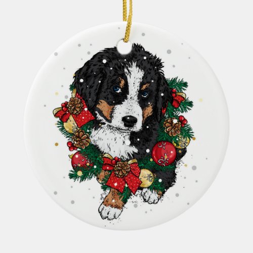 Cute Christmas Bernese Mountain Dog Puppy Ceramic Ornament