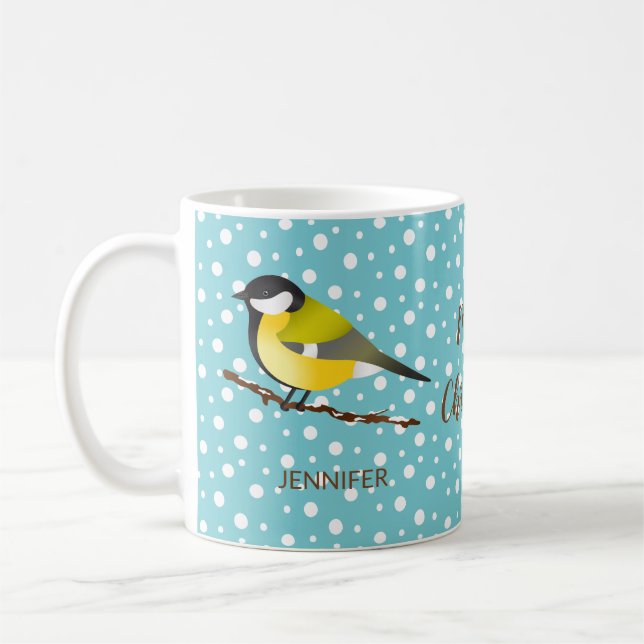 Cute Christmas Bird Great Tit Parus Major And Name Coffee Mug (Left)