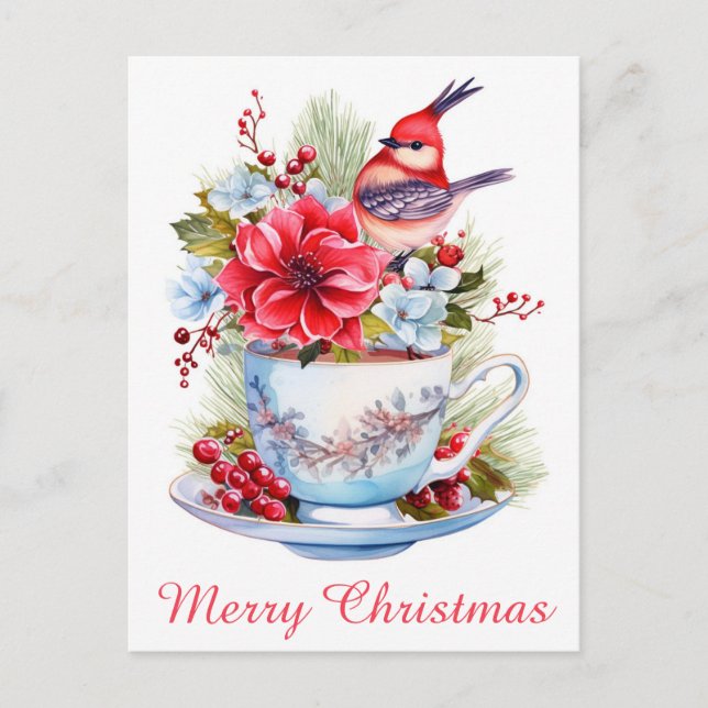 Cute Christmas Bird Holly Floral Teacup Tea Postcard (Front)