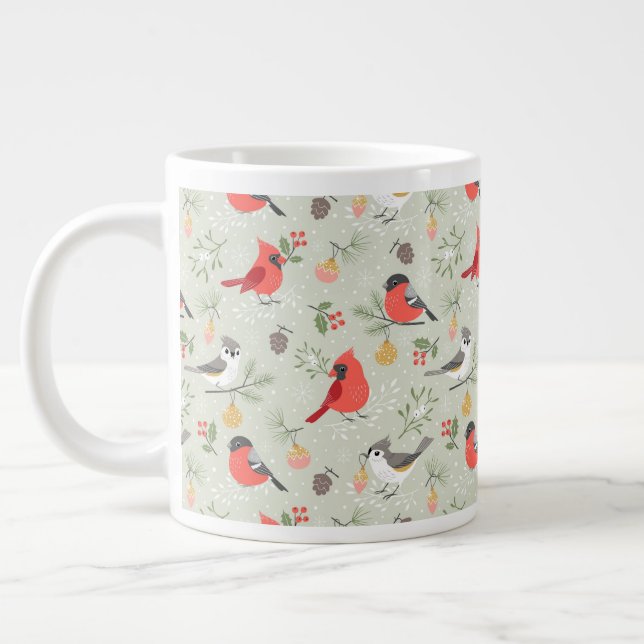 Cute Christmas Bird Pattern Holiday Design Giant Coffee Mug (Left)
