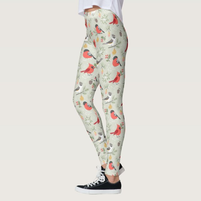 Cute Christmas Bird Pattern Holiday Design Leggings (Left)