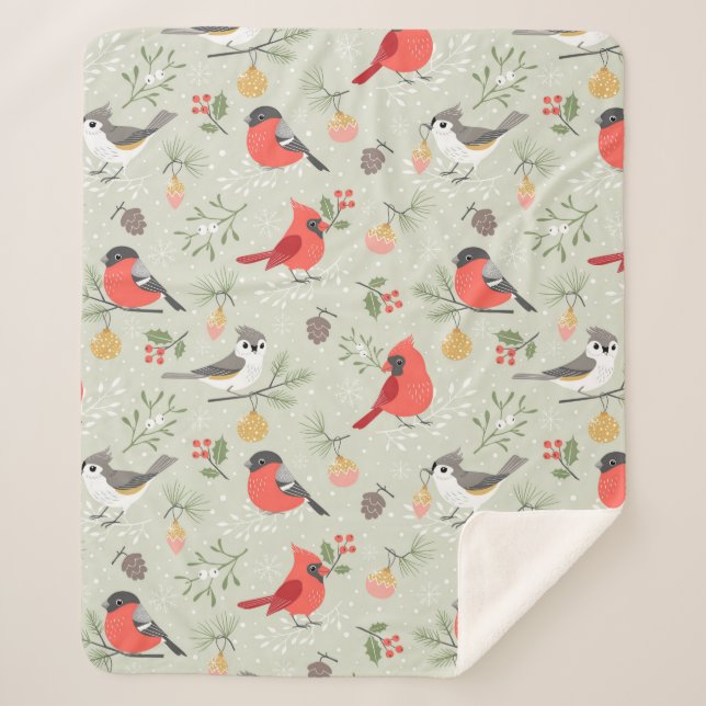 Cute Christmas Bird Pattern Holiday Design Sherpa Blanket (Front)