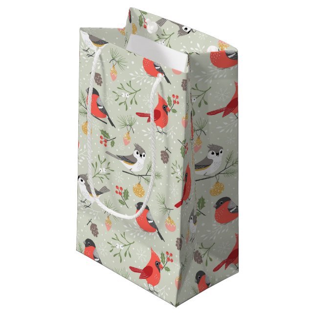 Cute Christmas Bird Pattern Holiday Design Small Gift Bag (Front Angled)