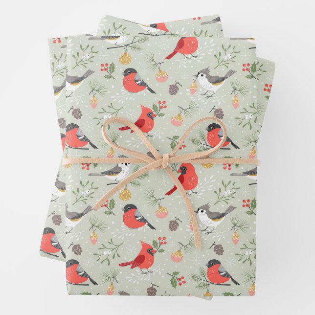 Cute Christmas Bird Pattern Holiday Design Wrapping Paper Sheets (In situ)