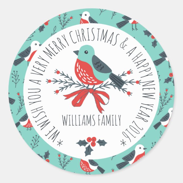 Cute Christmas Bird Pattern Text Template Classic Round Sticker (Front)