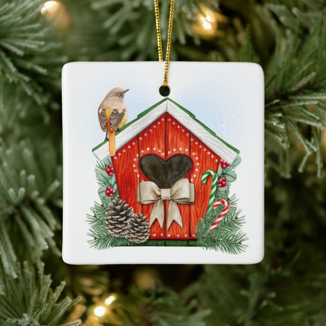 Cute Christmas Birdhouse Ceramic Ornament (Tree)