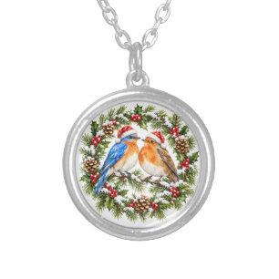 Cute Christmas Birds Watercolor Wreath Silver Plated Necklace
