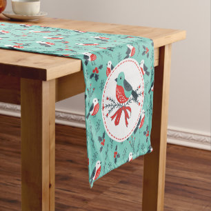 Cute Christmas Birds & Winter Foliage Pattern Short Table Runner