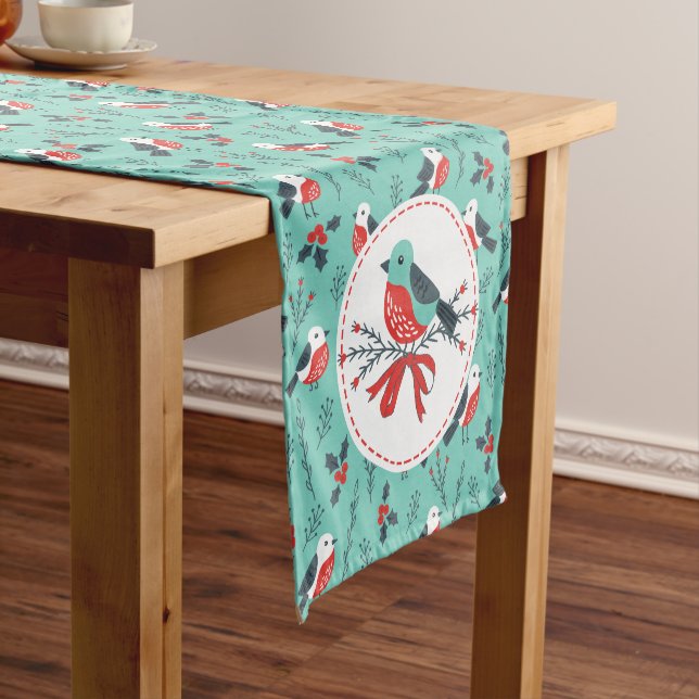 Cute Christmas Birds & Winter Foliage Pattern Short Table Runner (In Situ)