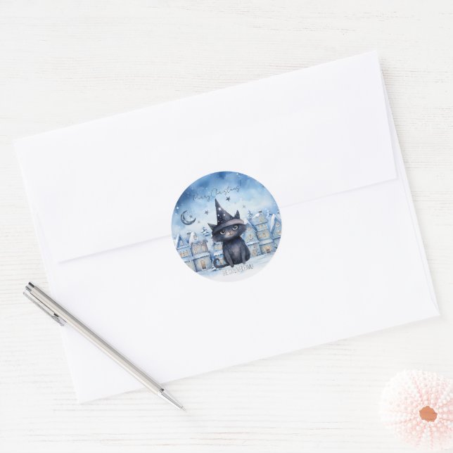 Cute Christmas Black Cat Festive Holiday Classic Round Sticker (Envelope)