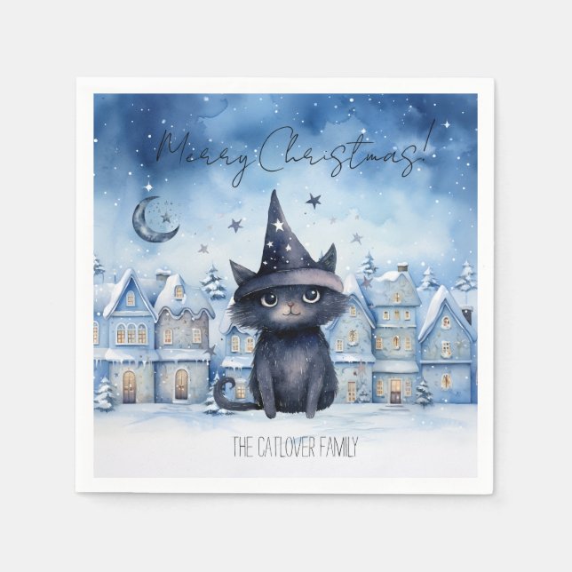 Cute Christmas Black Cat Festive Holiday Napkins (Front)