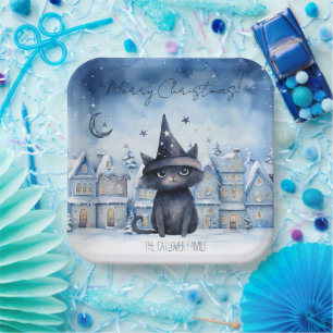 Cute Christmas Black Cat Festive Holiday Paper Plates