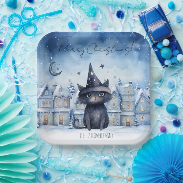 Cute Christmas Black Cat Festive Holiday Paper Plates (Party)