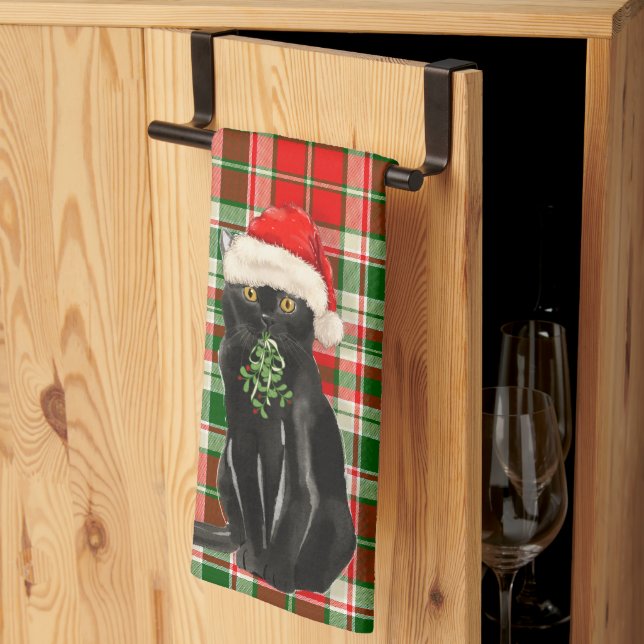 Cute Christmas Black Cat Holiday Plaid Kitchen Towel (Thirds Fold)