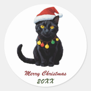 Cute Christmas Black Cat in Santa Hat Custom  Classic Round Sticker