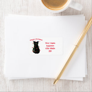 Cute christmas black cat red green holiday lights label