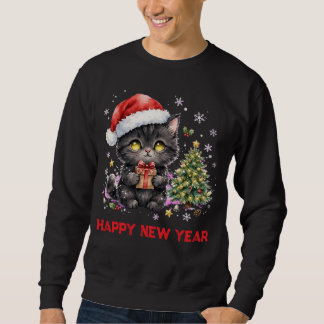 Cute Christmas Black Cat with Gift and Tree Sweatshirt