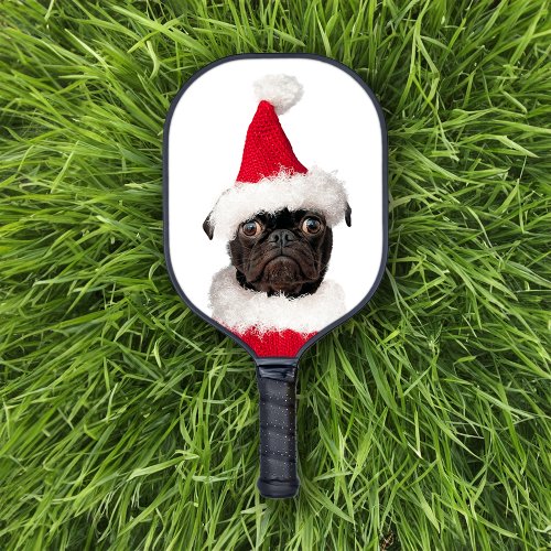 Cute Christmas Black Pug in Santa Hat Pickleball Paddle