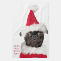 Cute Christmas Black Pug Puppy Santa Helper Kitchen Towel
