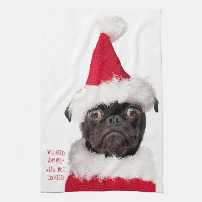 Cute Christmas Black Pug Puppy Santa Helper Kitchen Towel (Vertical)