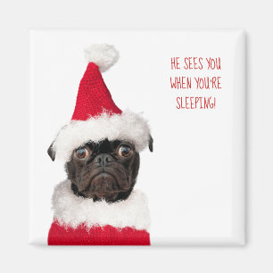 Cute Christmas Black Pug Puppy Santa Magnet