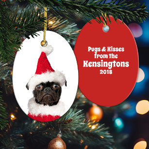 Cute Christmas Black Pug Santa Hat Ceramic Ornament