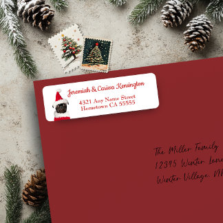 Cute Christmas Black Pug Santa Hat Label