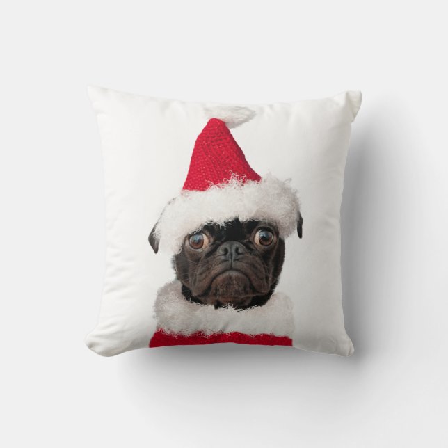 Cute Christmas Black Pug Santa Hat Throw Pillow (Front)