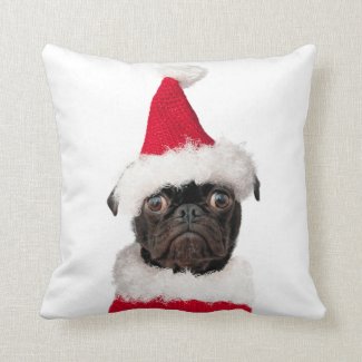 Cute Christmas Black Pug Santa Hat Throw Pillow