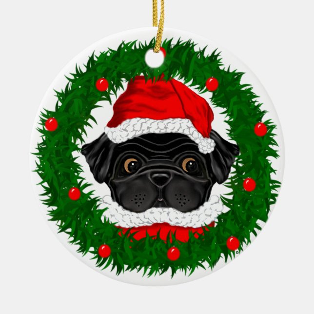 Cute Christmas Black Pug Santa in Wreath Ceramic Ornament (Front)