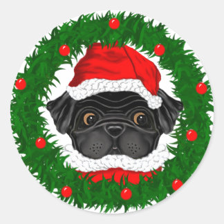 Cute Christmas Black Pug Santa in Wreath Classic Round Sticker