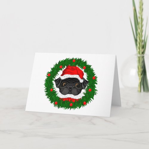 Cute Christmas Black Pug Santa in Wreath Holiday Card