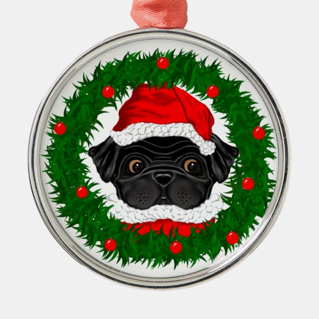 Cute Christmas Black Pug Santa in Wreath Metal Ornament (Front)