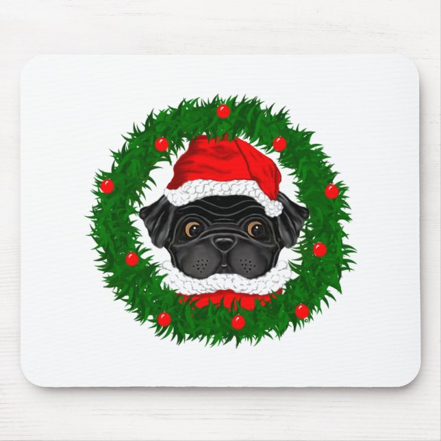 Cute Christmas Black Pug Santa in Wreath Mouse Pad (Front)