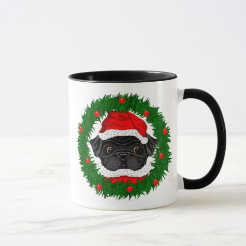 Cute Christmas Black Pug Santa in Wreath Mug