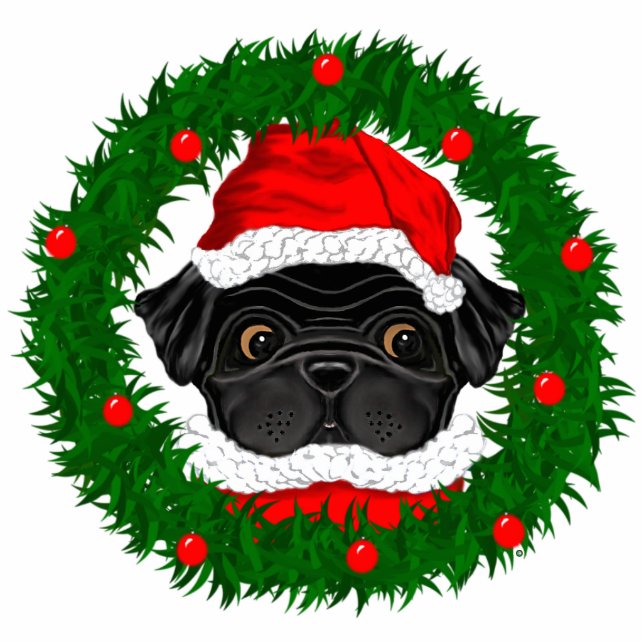 Cute Christmas Black Pug Santa in Wreath Statuette (Front)
