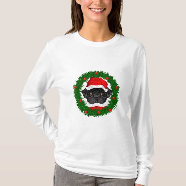 Cute Christmas Black Pug Santa in Wreath T-Shirt (Front)
