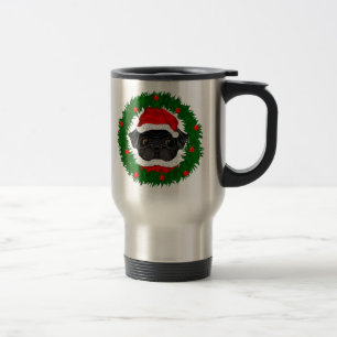 Cute Christmas Black Pug Santa in Wreath Travel Mug