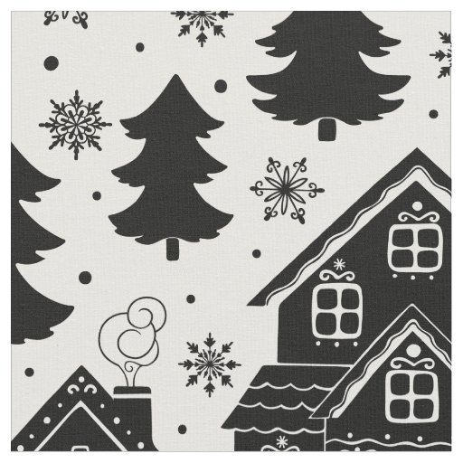 Cute Christmas Black White Houses Pine Trees Fabric