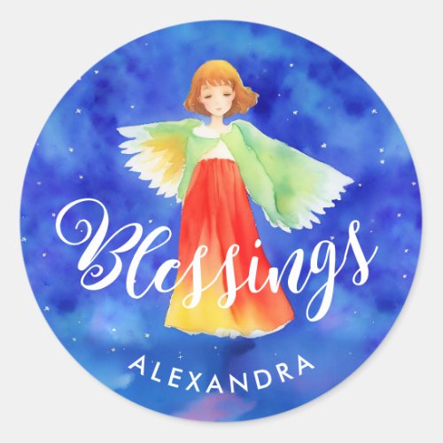 Cute Christmas Blessings Colorful Angel Name Classic Round Sticker