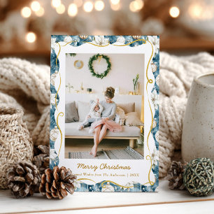 Cute Christmas Blue and Gold Pattern 1 Photo Holiday Card