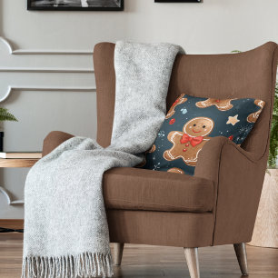 Cute Christmas Blue and Red Gingerbread Pattern Throw Pillow