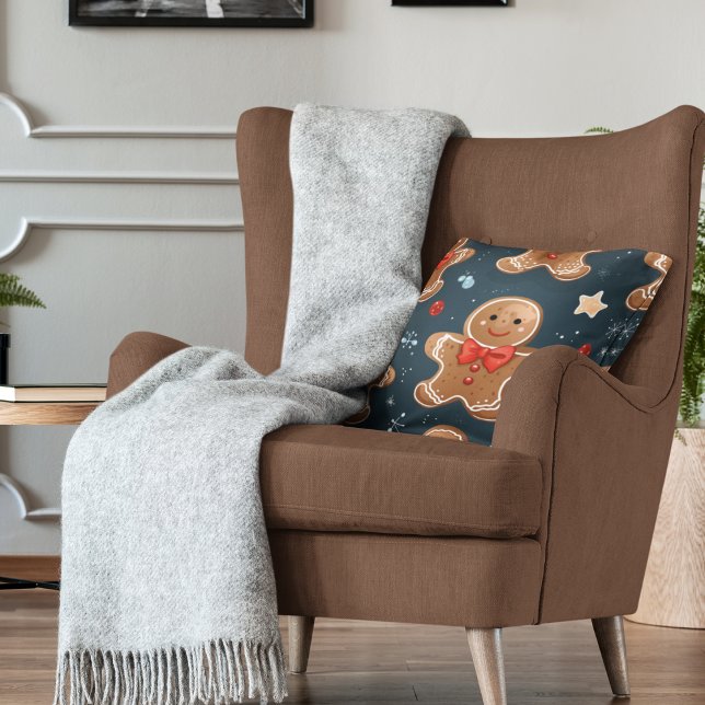Cute Christmas Blue and Red Gingerbread Pattern Throw Pillow (Cute gingerbread men pattern on navy blue background with light blue, red and cream stars pillow.)